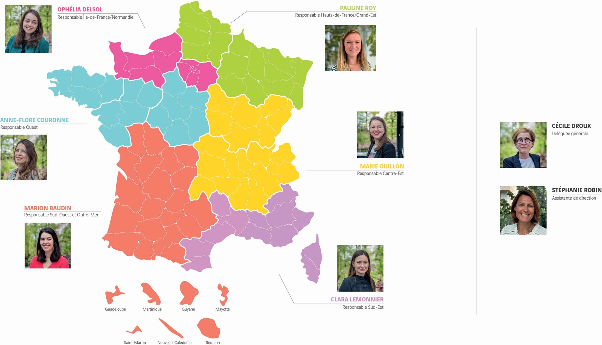 Carte régionalisée de l'équipe de la Fondation VINCI pour la Cité avec Stéphanie Robin, nouvelle assistante de direction