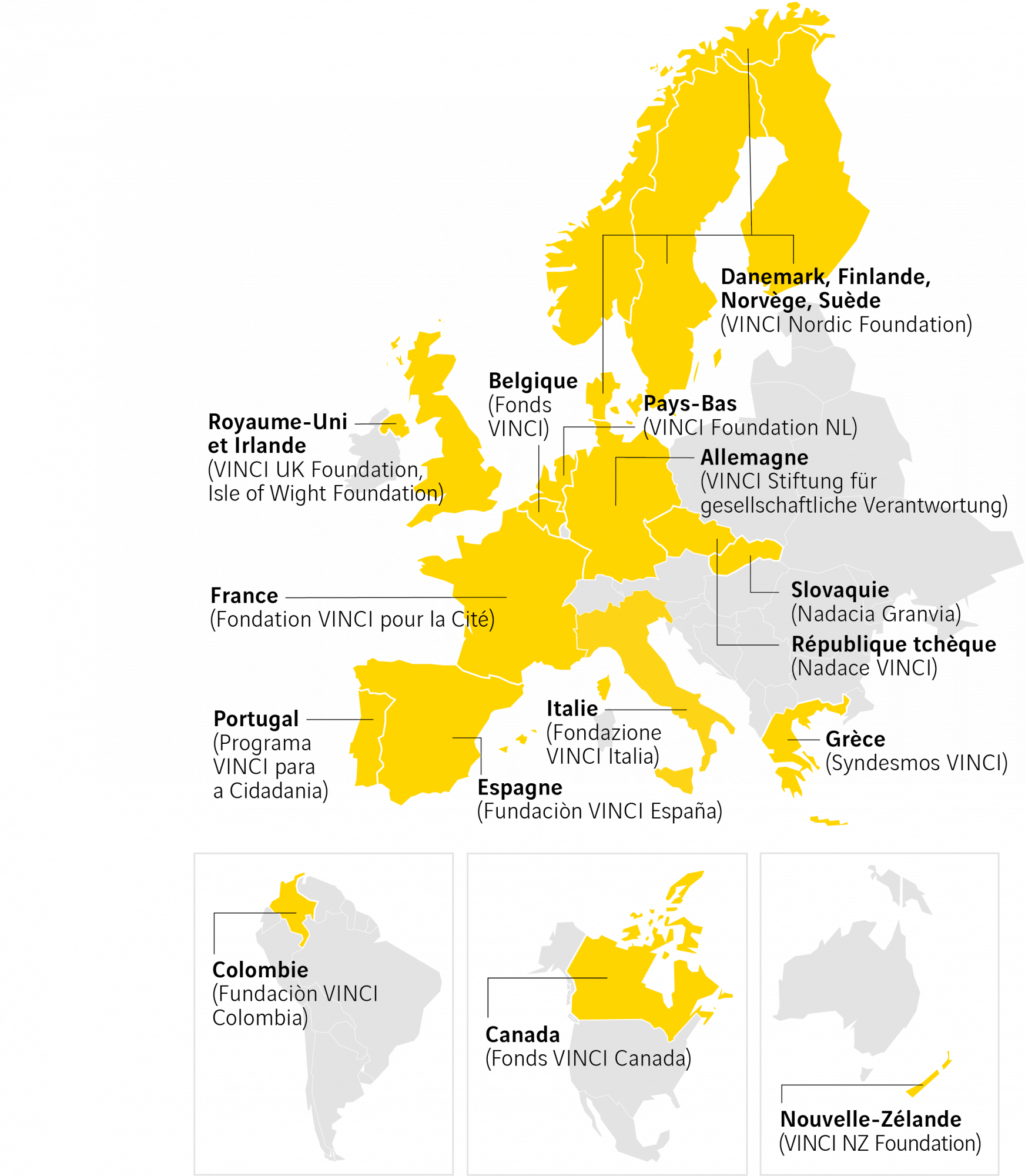 Carte des fonds et fondations VINCI à l'international.